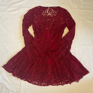 Free People burgundy lace dress with long slit bell sleeves